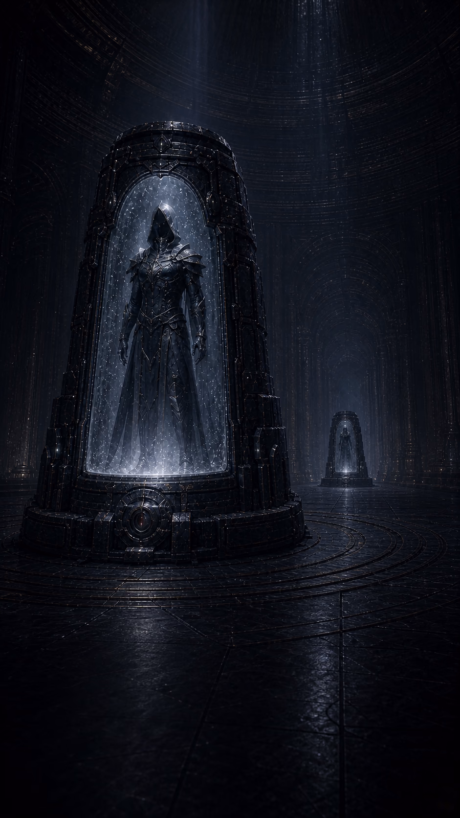 A sealed Wayfinder vessel moving through a deep archive chamber.