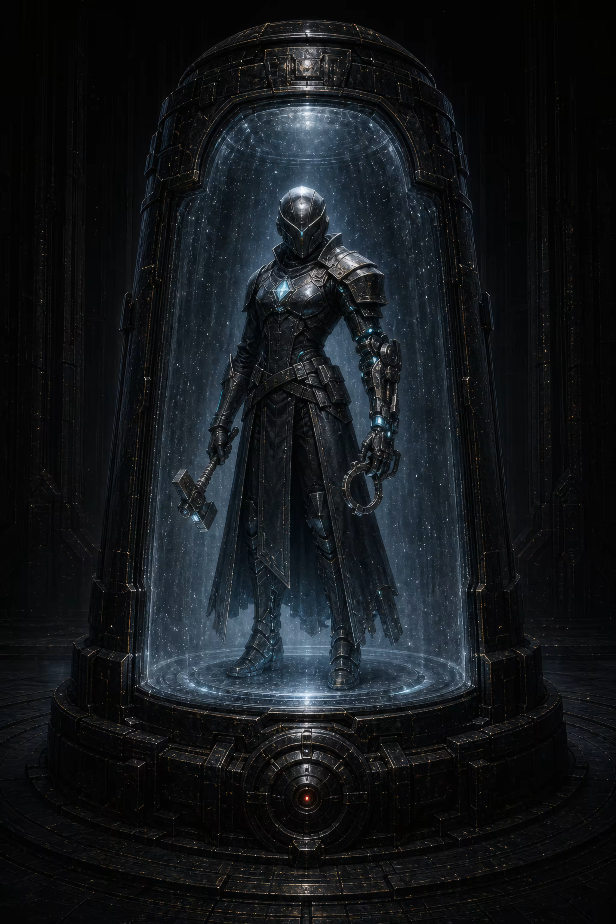 Tova, the artificer VAUNOR identity, presented inside an archive vessel.