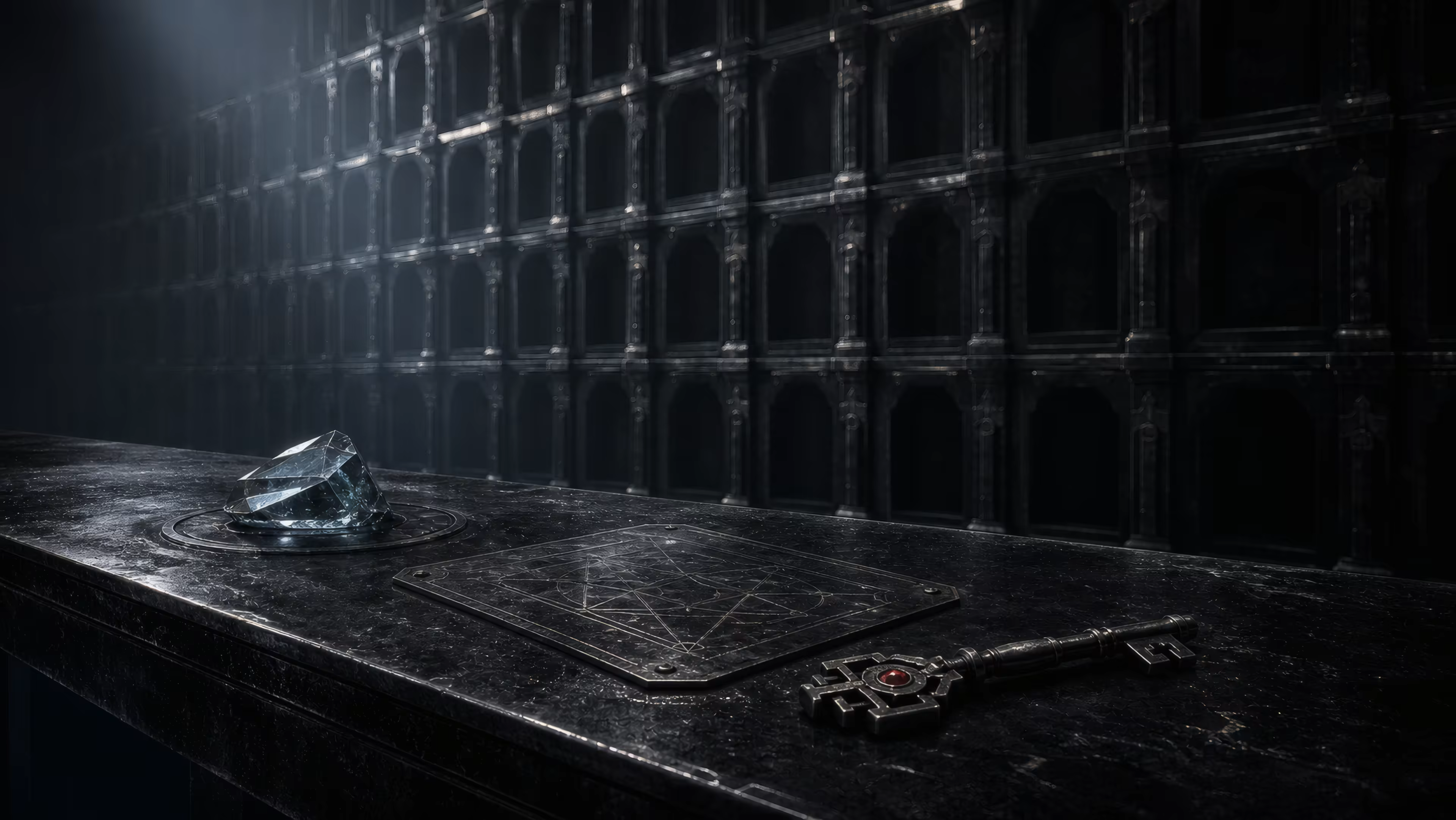 A VAUNOR archive table holding mineral glass, an identity study, and a mechanical key.