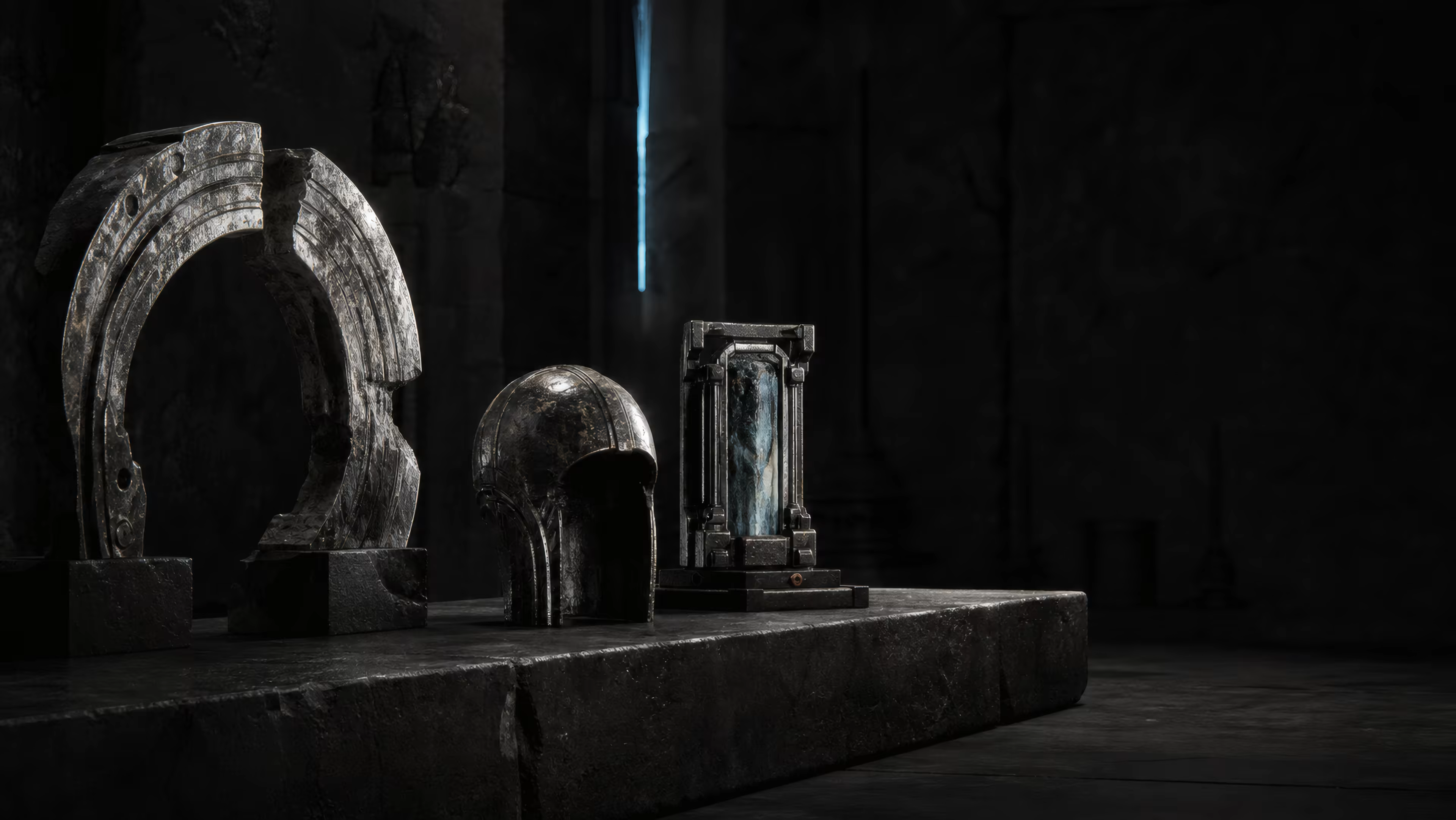 A reliquary workbench holding an open arch fragment, a helmet study, and a mineral core.