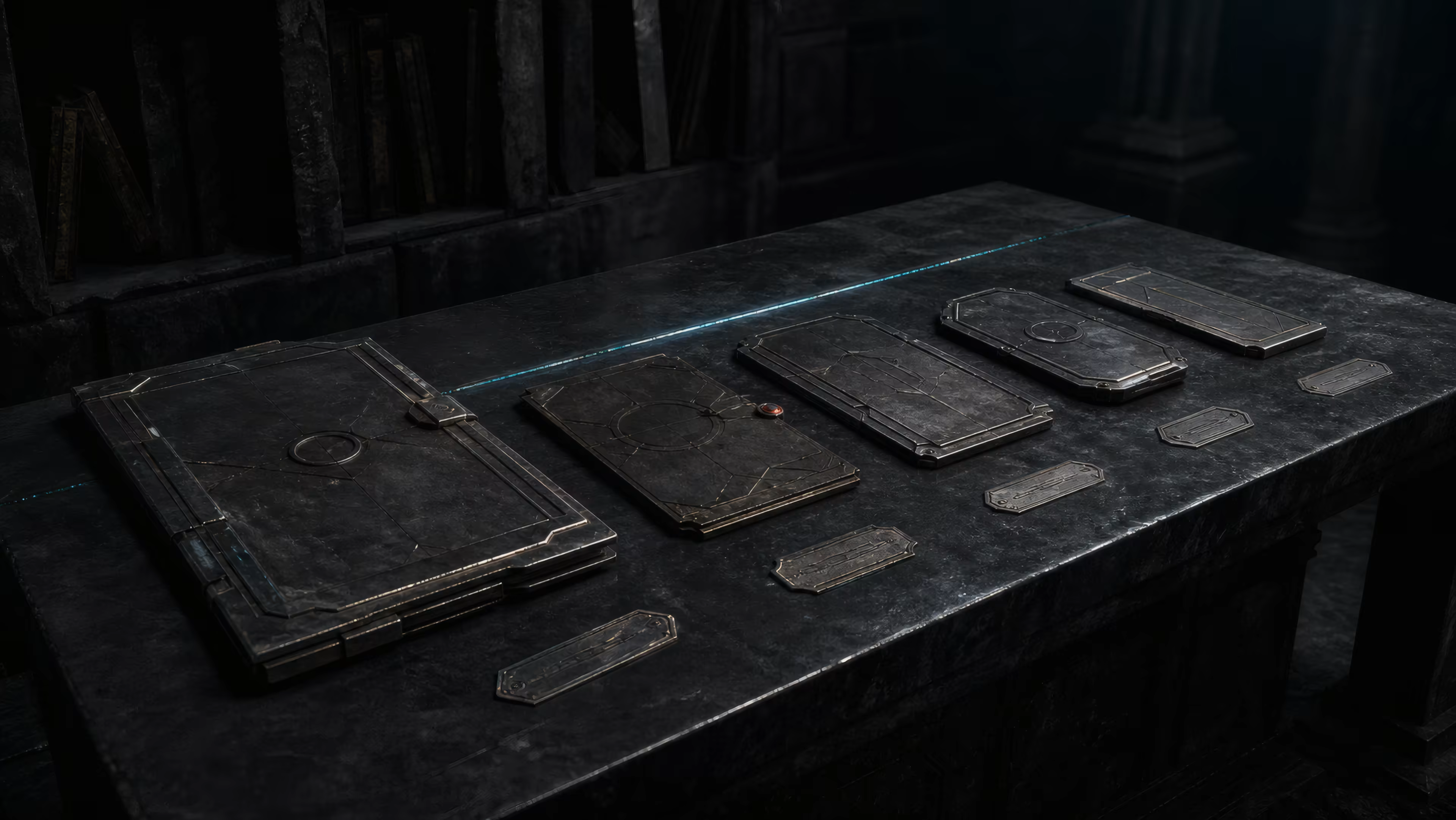 A physical archive table holding distinct VAUNOR metal folios and field plates.
