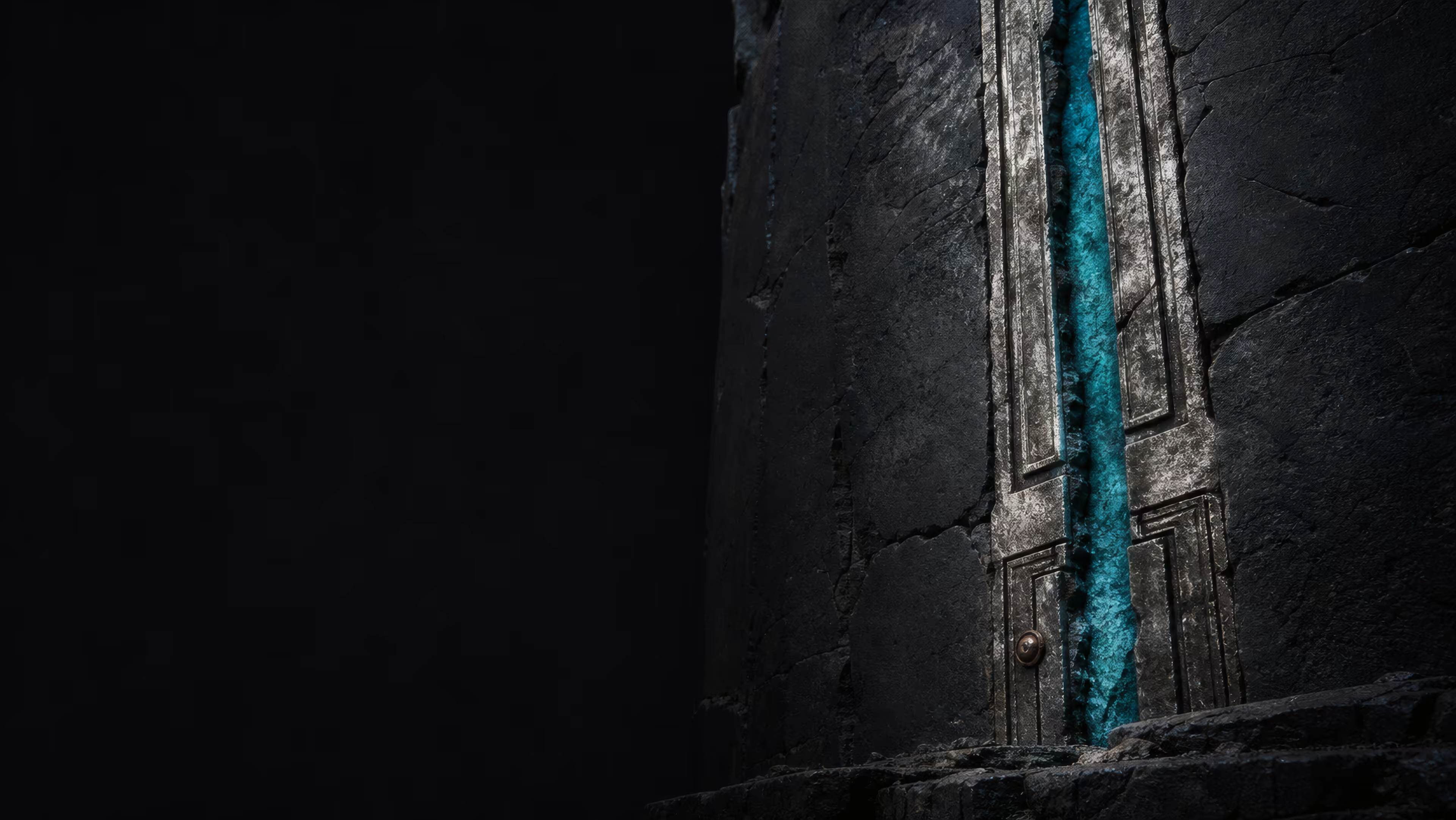 A monumental basalt reliquary split by a narrow mineral-cyan fracture.