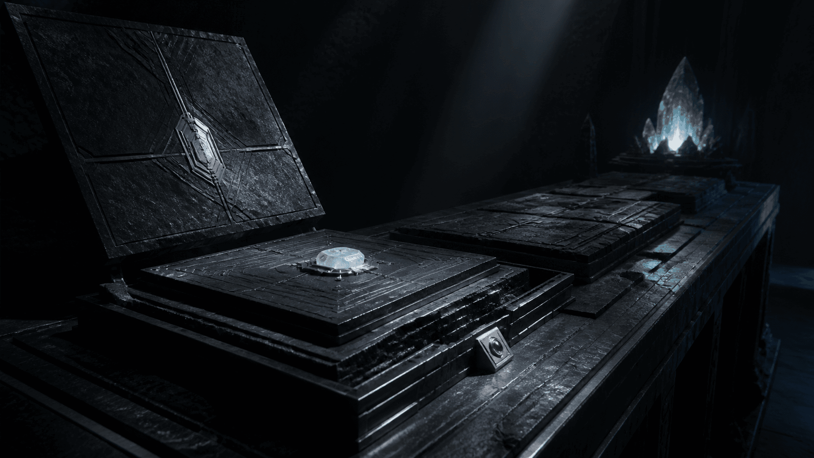 An encrypted black-stone entity package opened beside a mineral verification seal.