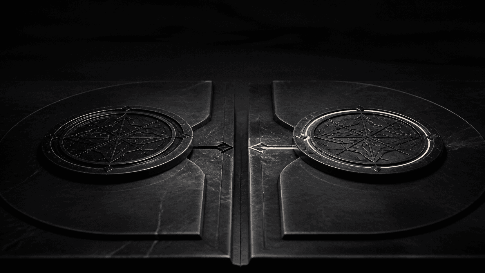 Two blackened-metal identity plates meeting across a one-way transfer threshold.