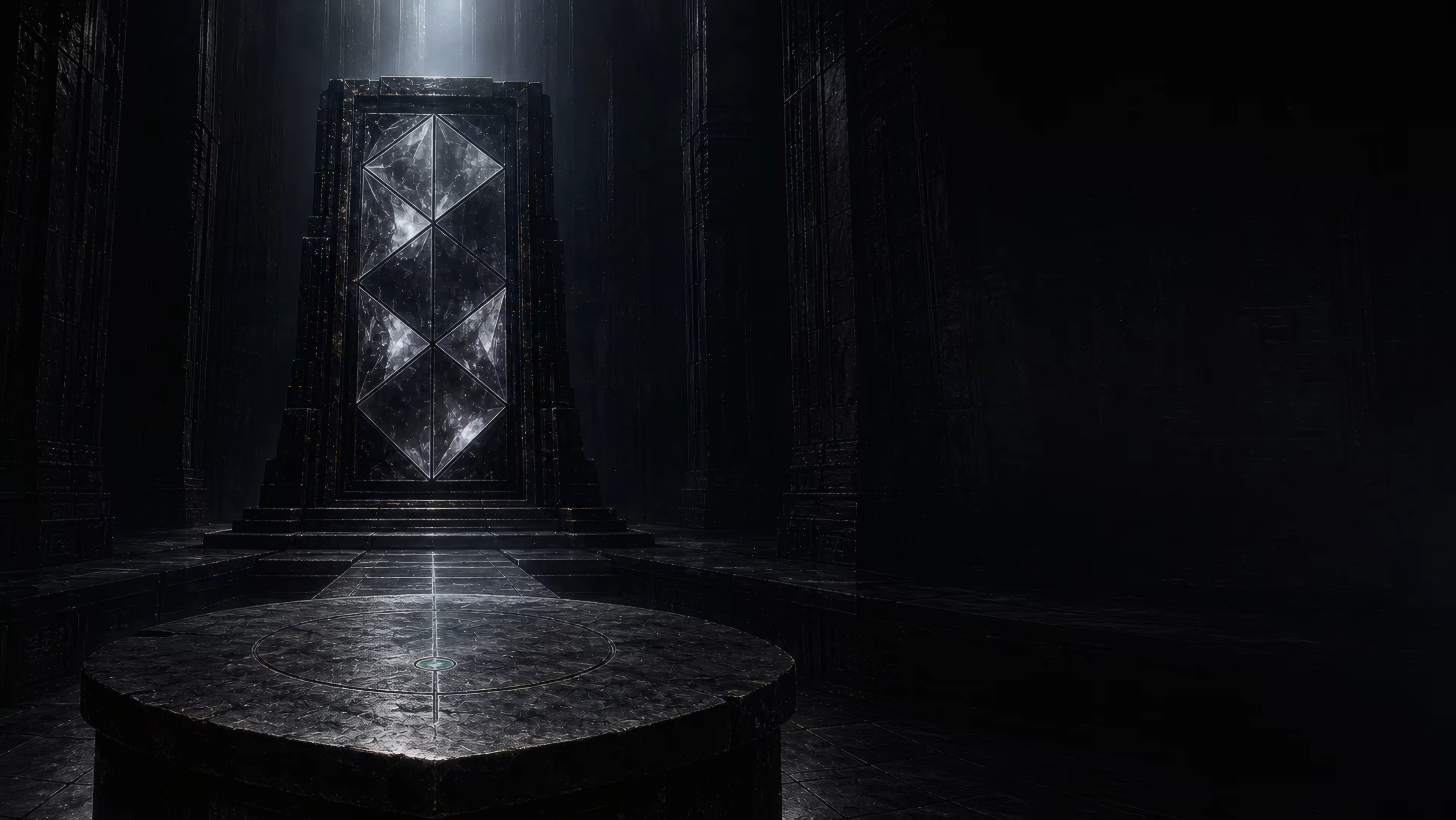 A nine-facet mineral mirror inside a quiet VAUNOR decision chamber.
